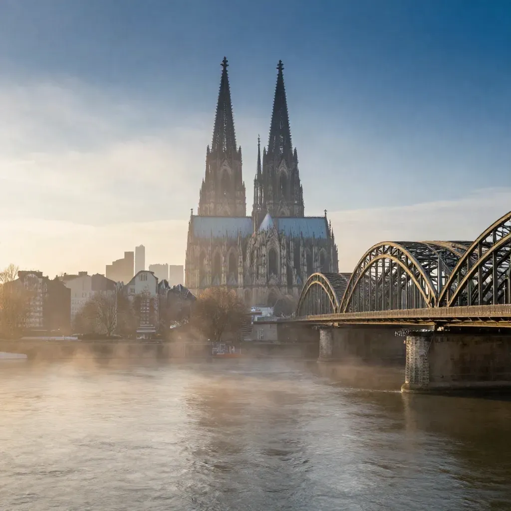 Kölner Dom und Brückenlinie im Morgennebel über dem ruhigen Rhein
