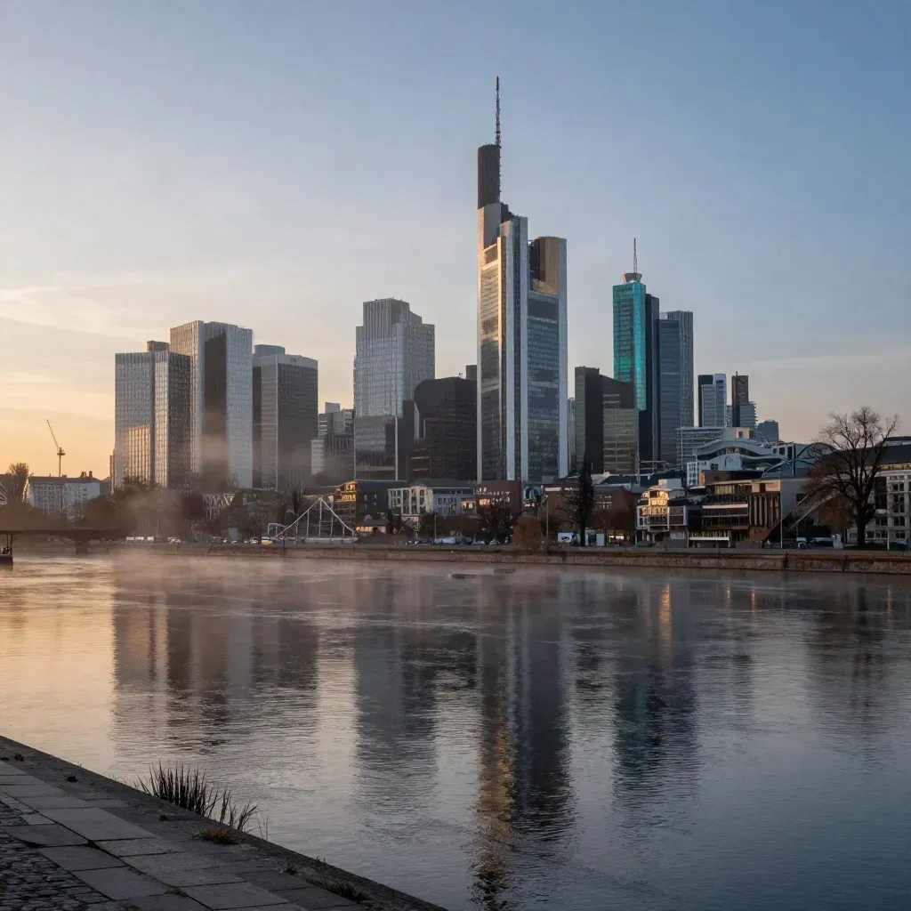 Frankfurts Skyline über ruhigem Main bei Sonnenuntergang im goldenen Dunst