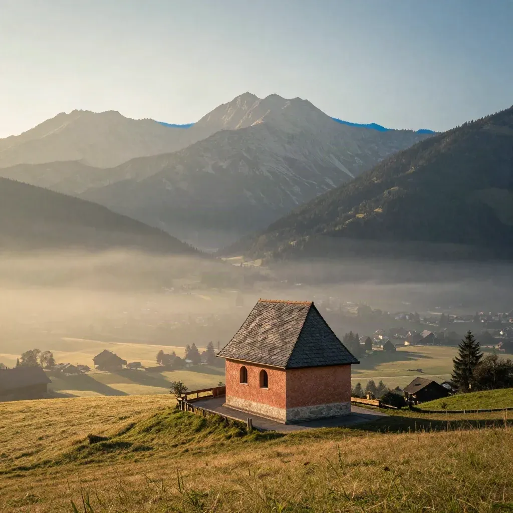 Bayerische Voralpen im Abendlicht mit kleinem Kirchendach und blauem Gebirgszug