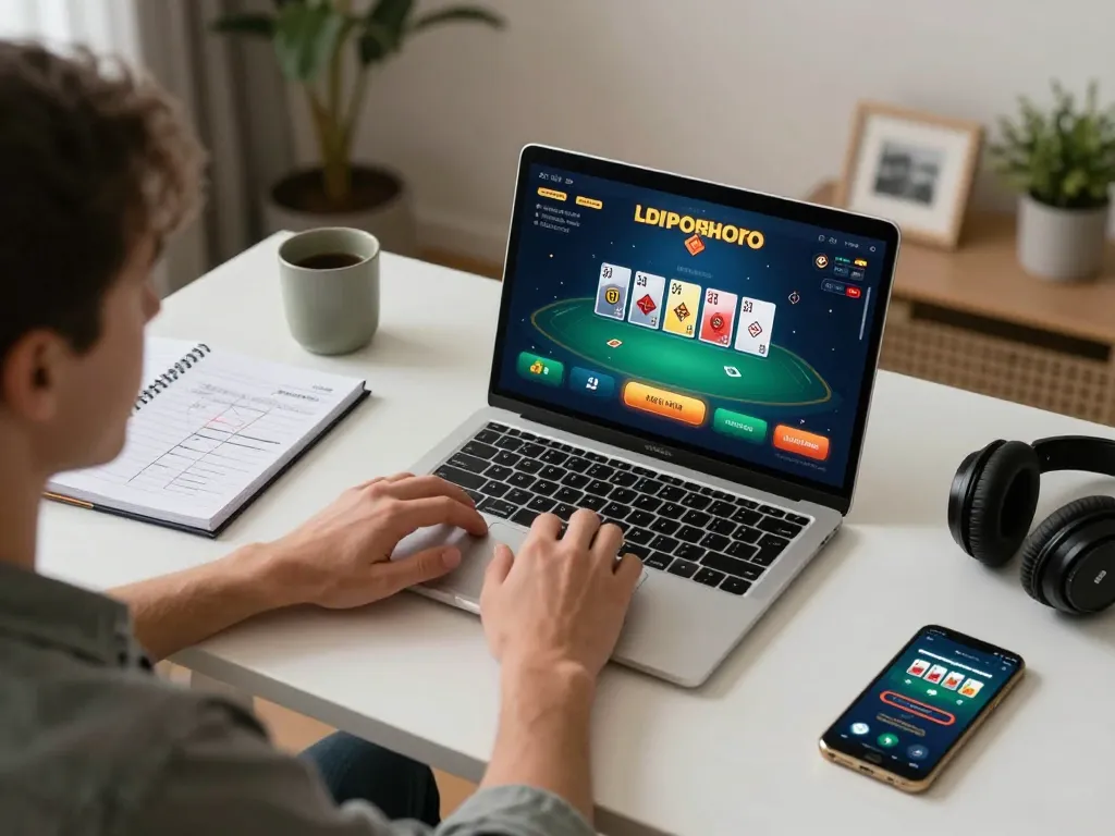 Player enjoying live dealer blackjack on laptop at home, showcasing 789betpa strategic gaming setup