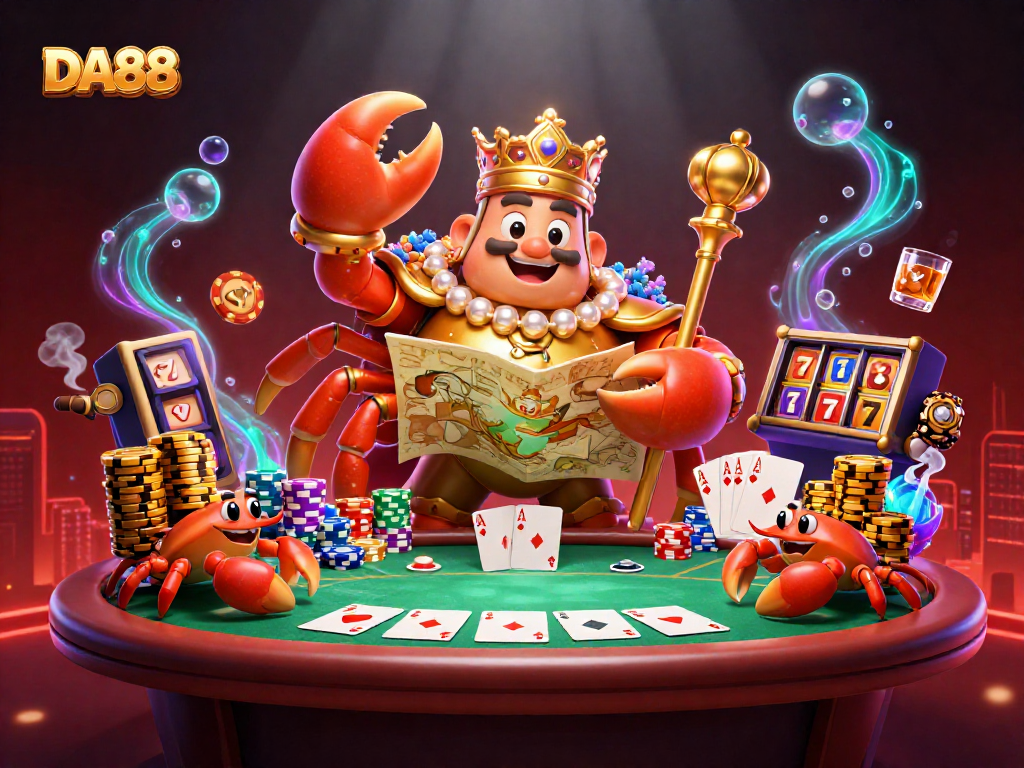 Engage in DA88 casino excitement with a majestic crab emperor and vibrant poker elements.