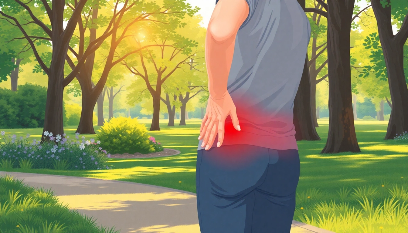 Person experiencing Hüftschmerzen beim Gehen in a serene park setting, indicating discomfort while walking.