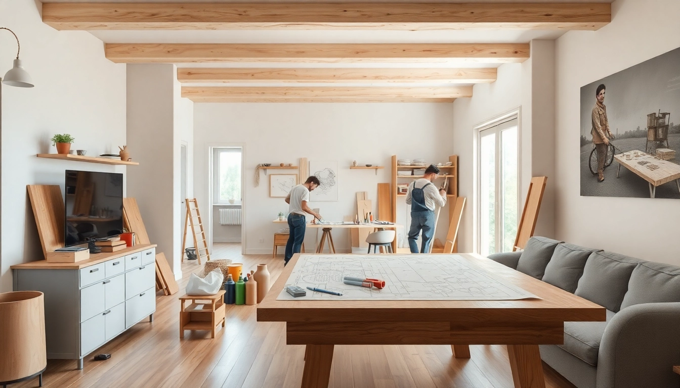 Visualisieren Sie eine kreative Hausrenovierung mit Handwerkern, Werkzeugen und einem gemütlichen Wohnzimmer-Design.