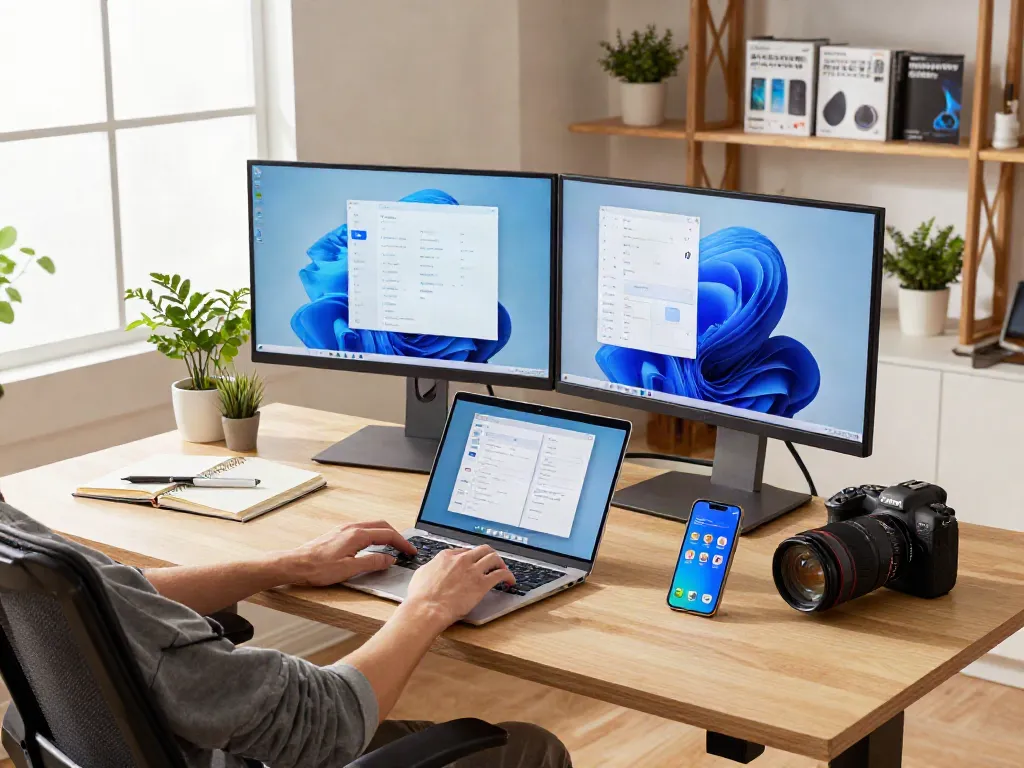 Installationsszene von Windows 11 Home auf modernem Laptop in einem stilvollen Home Office.