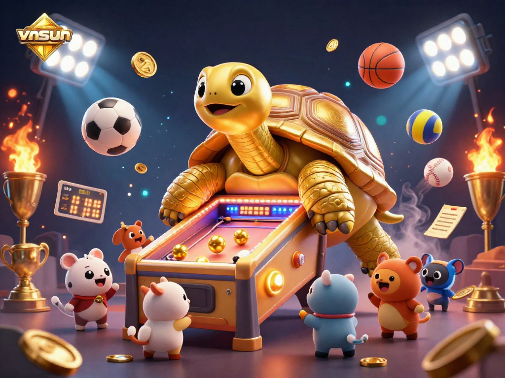 Experience the excitement of vnsun with a dynamic illustration of a golden tortoise pinball machine and playful animals.