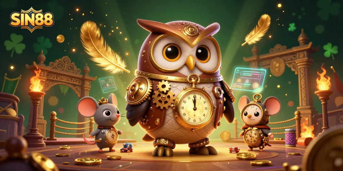 SIN88's dynamic casino scene features a steampunk owl and a clockwork mouse amidst vibrant casino action.