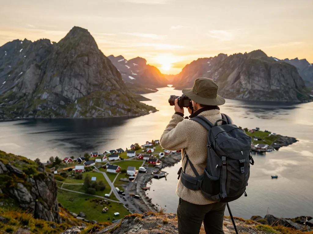 Reisender auf den Lofoten mit atemberaubenden Landschaften, die Skandinavien Reisetipps präsentieren.