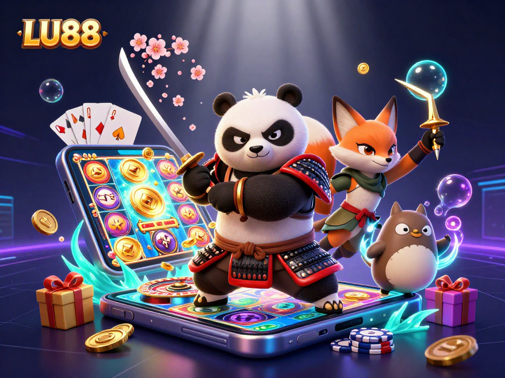 LU88 samurai panda and ninja fox engage in dynamic casino-themed action with glowing elements.