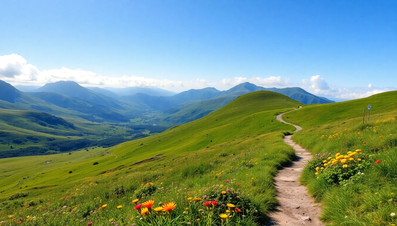 Erleben Sie den Wicklow Way Irland mit atemberaubenden Ausblick auf die grünen Hügel und blühenden Wildblumen.