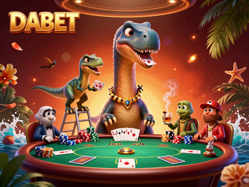 DABET showcases a quirky scene with a brontosaurus and raptor at a casino poker table, integrating humor in gambling.