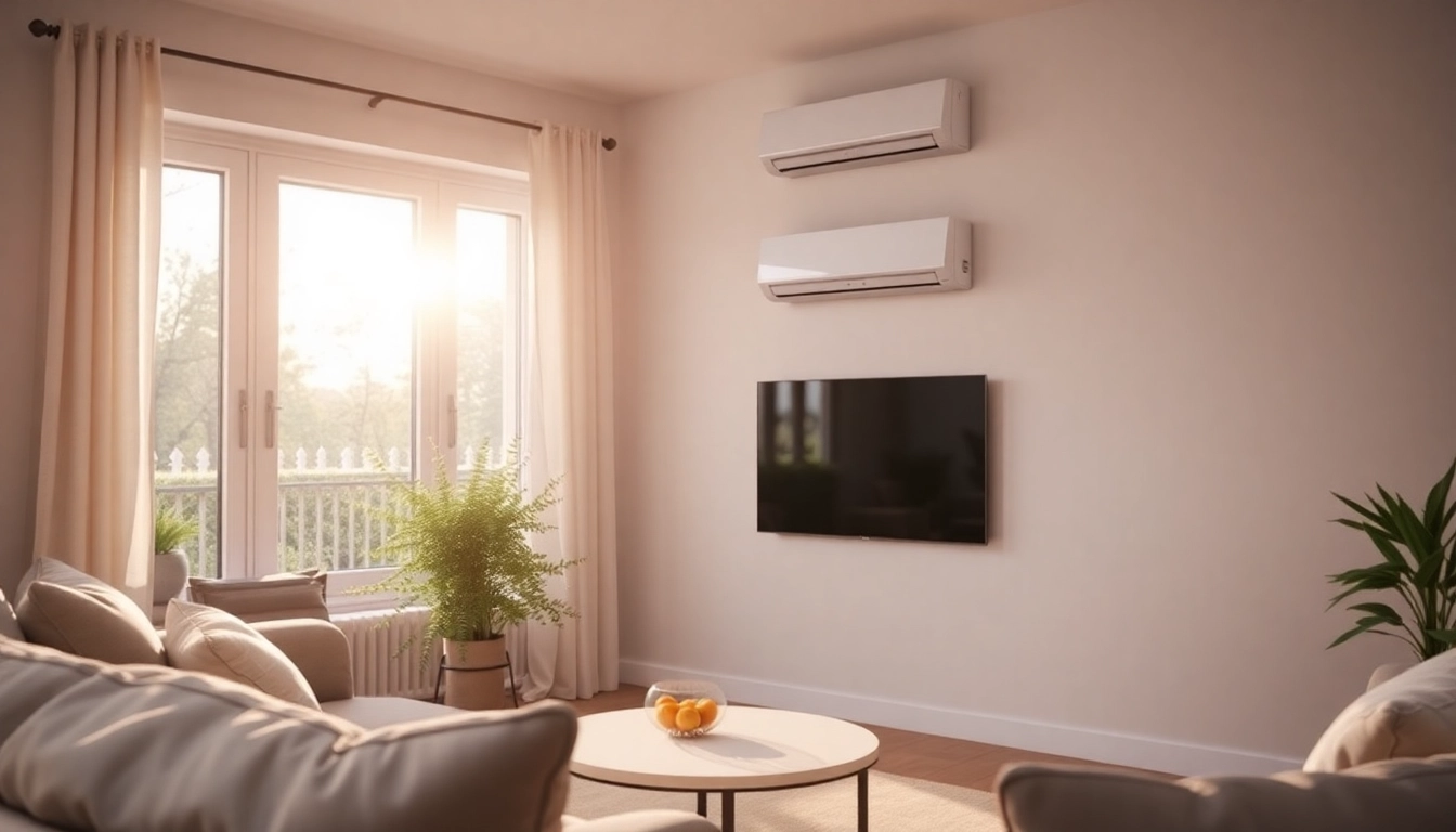 Veranschaulichen Sie Klima kosten mit einer modernen Klimaanlage in einem hellen Wohnzimmer.