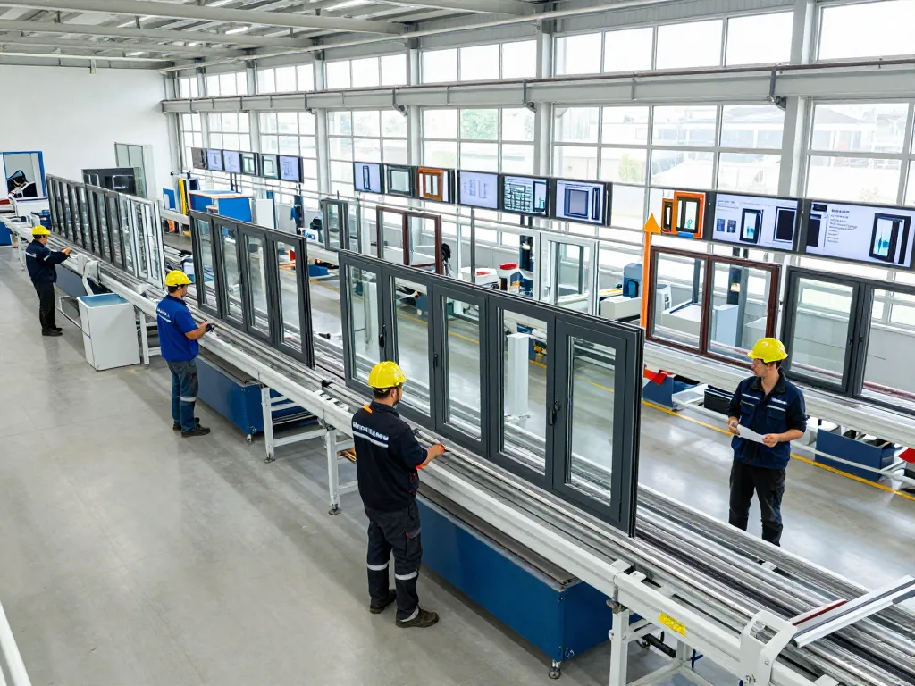 Fachkräfte in einer modernen Fensterbau-Fenfertigungseinrichtung, die fortschrittliche Technologie und Montage präsentieren.