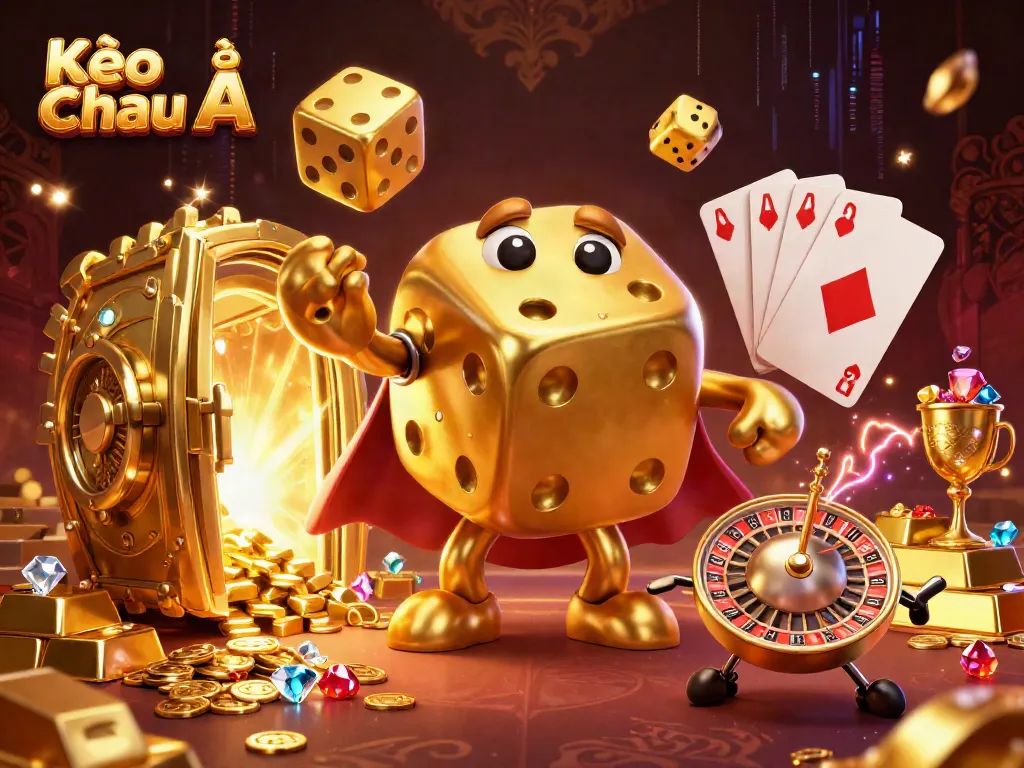 Engage in Kèo Châu Á betting with a dynamic casino scene featuring golden dice and treasure