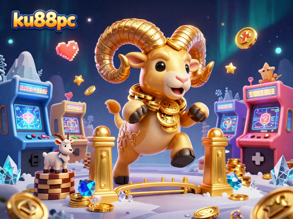 ku88pc showcases vibrant gaming energy with a golden ram charging through a casino-themed illustration.