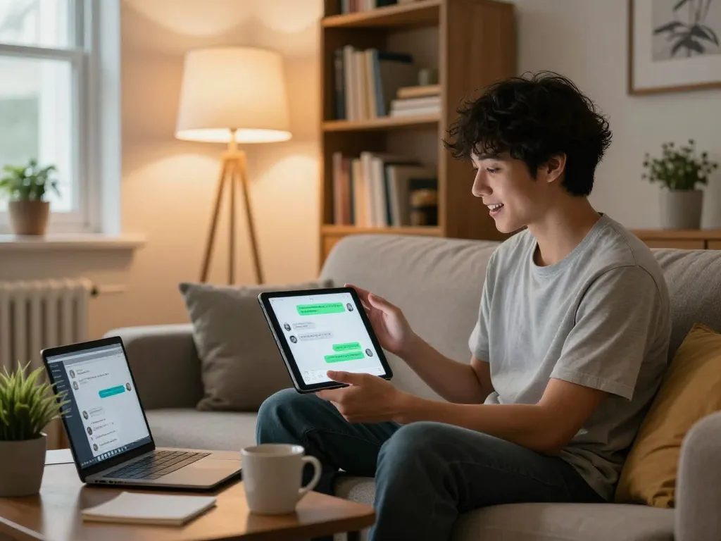 Engaging conversation about sex AI chat in a cozy urban apartment, showcasing modern technology.