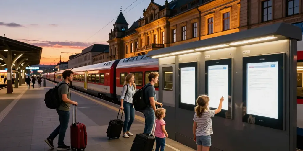 Erstattbare Zugtickets: Reisende am Bahnhof beim Ticketkauf, Familienmoment bei Sonnenuntergang.