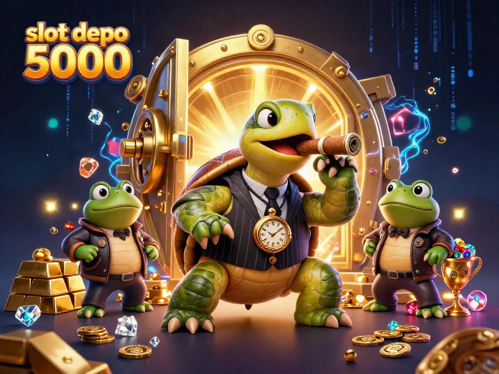 Engage with the thrilling atmosphere of slot depo 5000 featuring a massive snapping turtle in a stylish suit with vibrant casino elements.