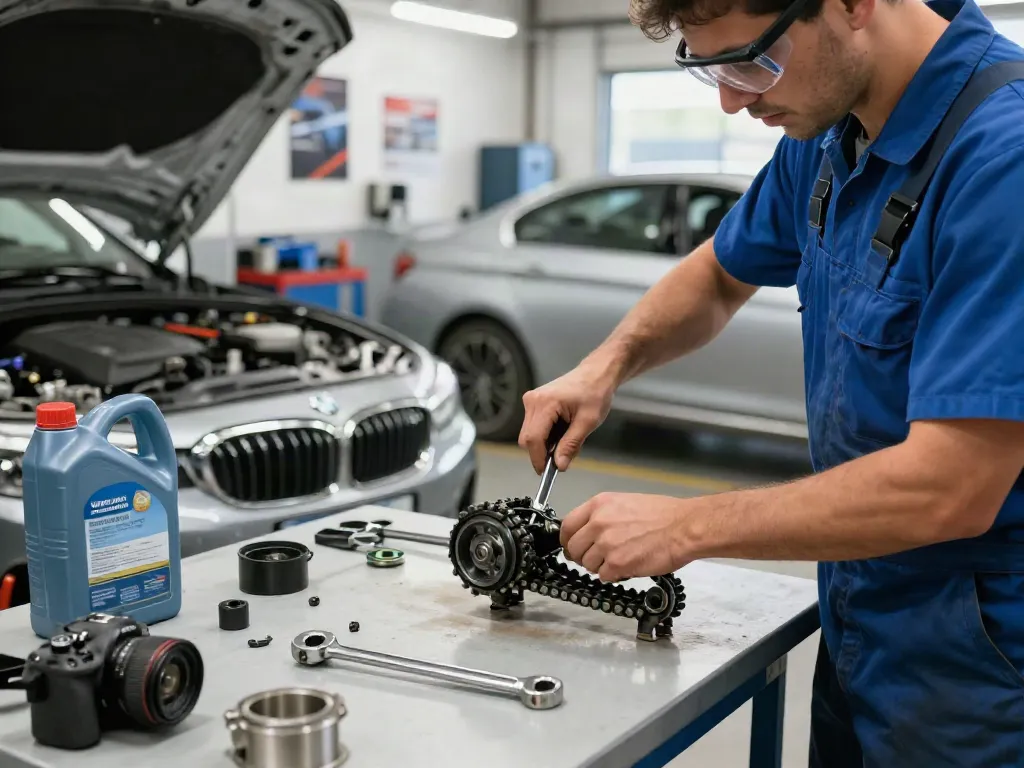 Mechaniker bei BMW in Hannover, der die Steuerkette wechselt.