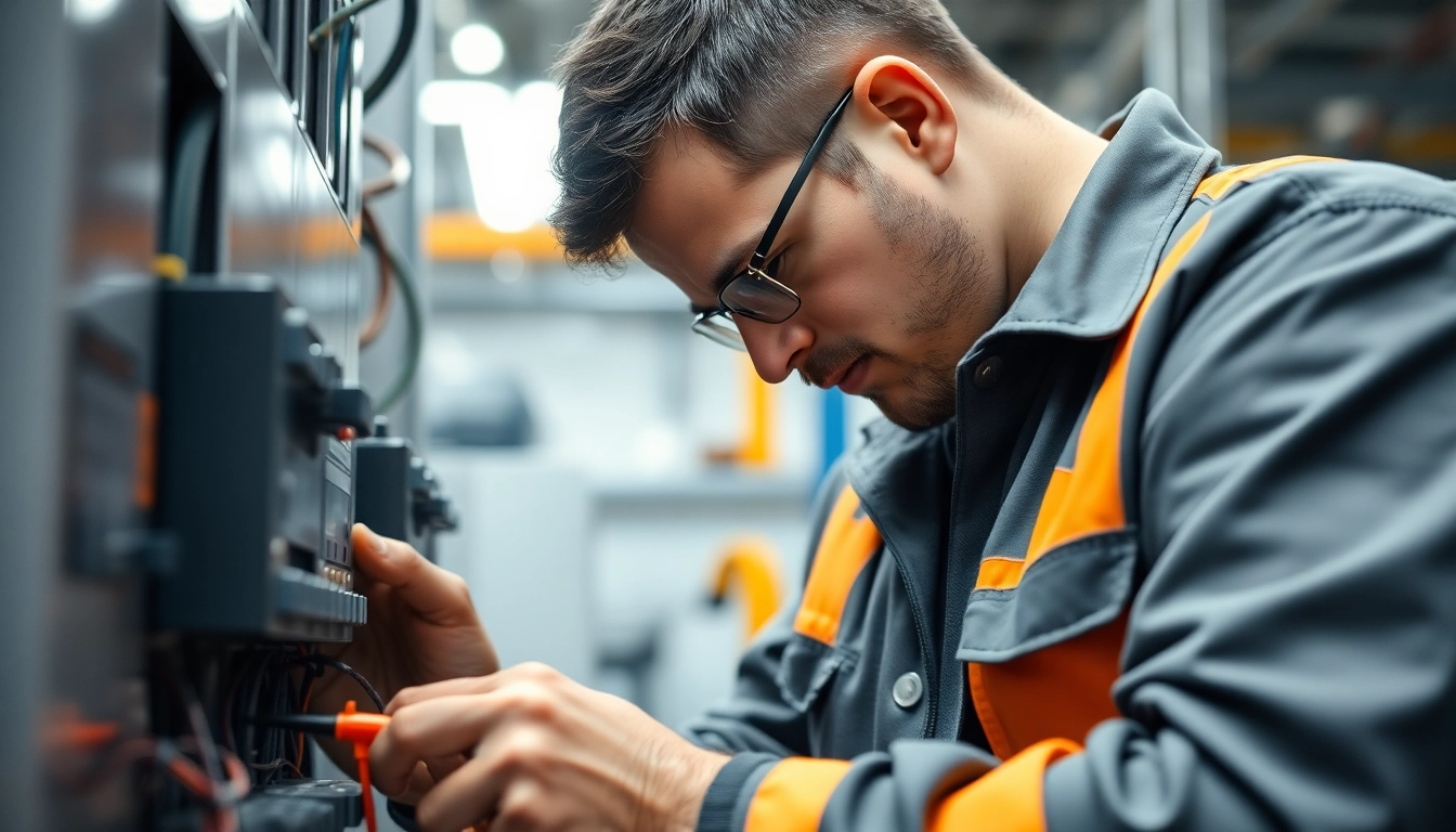 Technician conducting a DGUV V3 Prüfung on electrical equipment to ensure workplace safety.