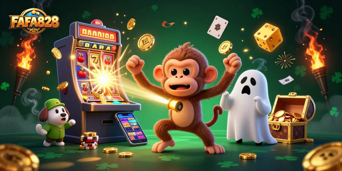 Experience thrilling slots at FAFA828 with gold-juggling monkey and adventurous puppy in a haunted casino.
