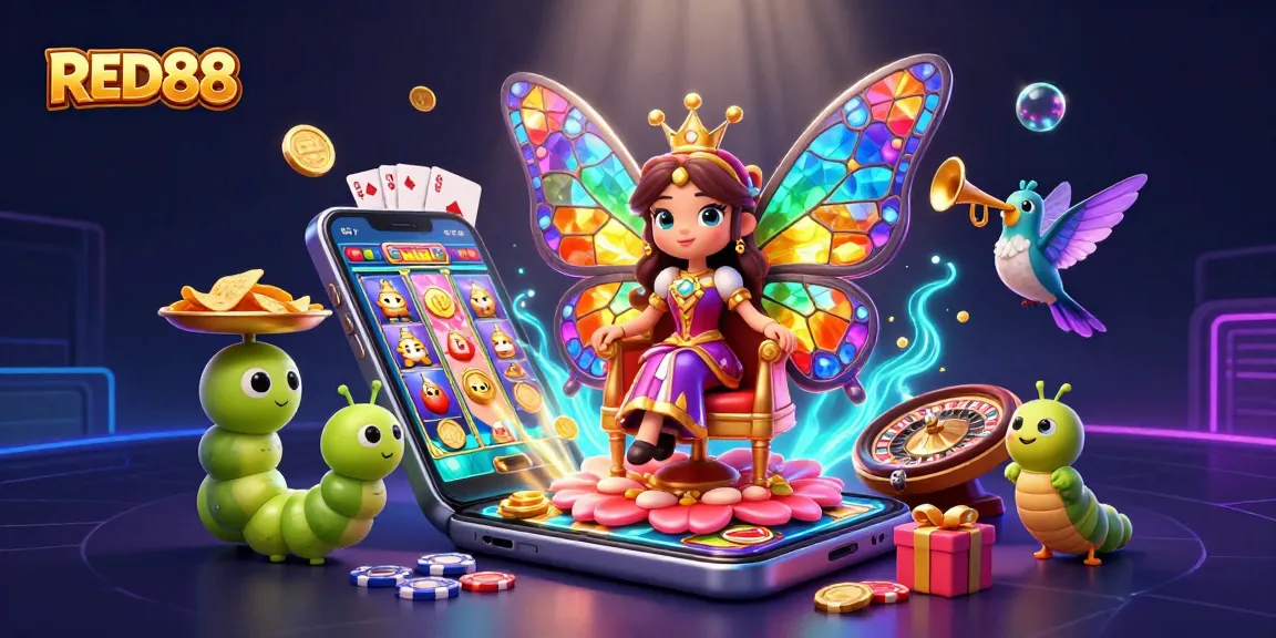 Experience the excitement of RED88 with a vibrant, animated scene filled with games and treasures.
