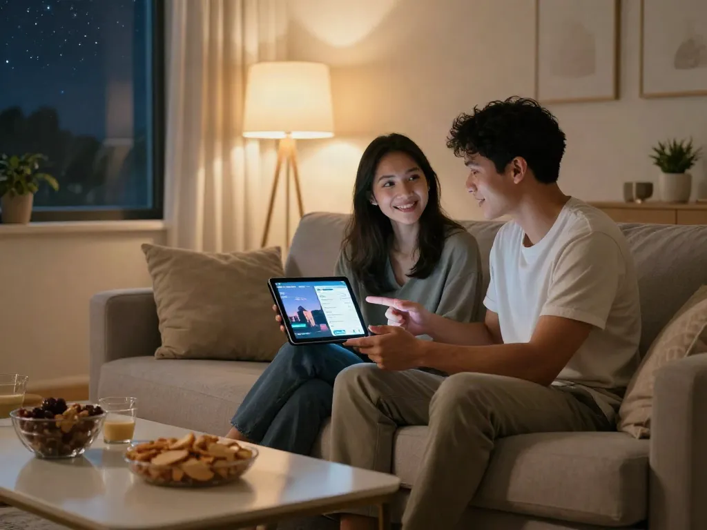 18+ ai engaging chat scene in modern living room with tablet display