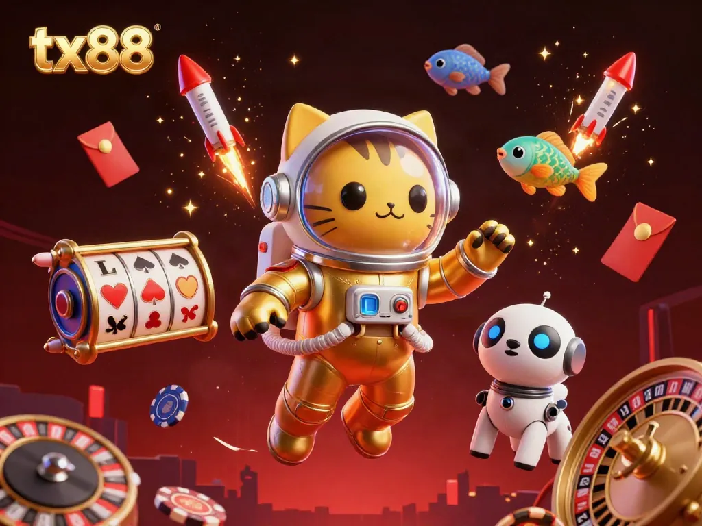 Experience thrilling gaming with tx88 as floating poker chips, roulette wheels, and golden elements surround vibrant characters.