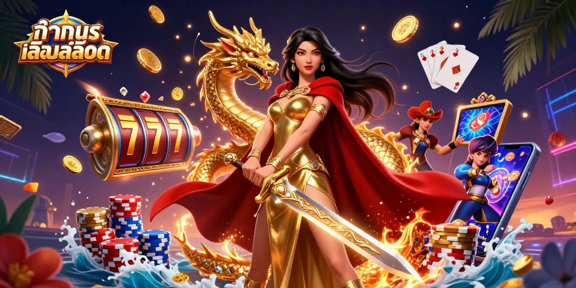 Play ทดลองเล่นสล็อต with vibrant slot reels, golden coins, and a warrior queen mascot, for an epic gaming experience.