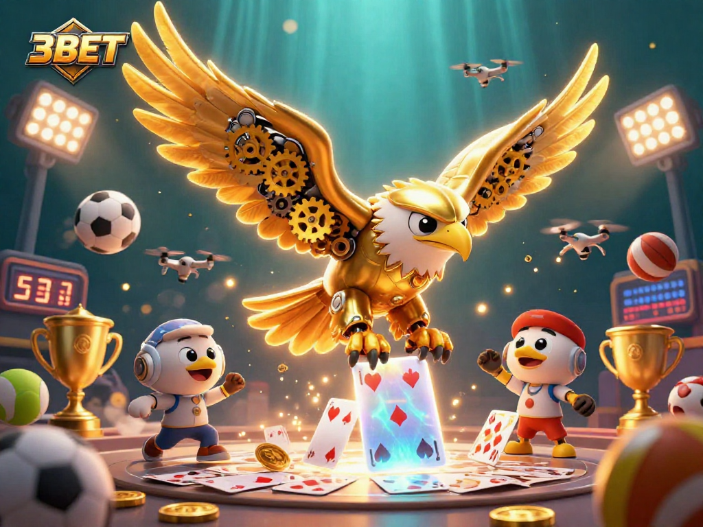 3BET showcases a dynamic scene of gameplay with a cybernetic eagle, sports elements, and holographic cards.