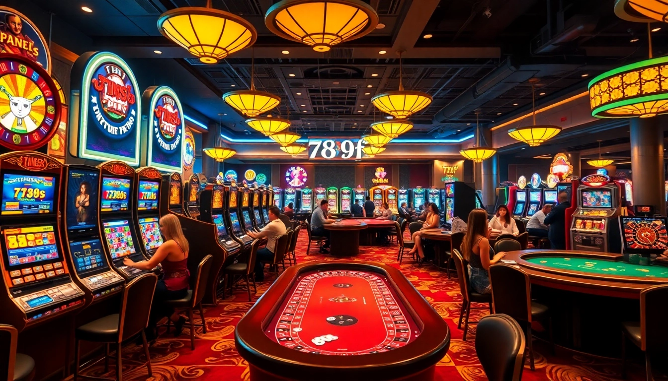 Experience the excitement of 789f in this luxurious casino scene filled with players enjoying various games.