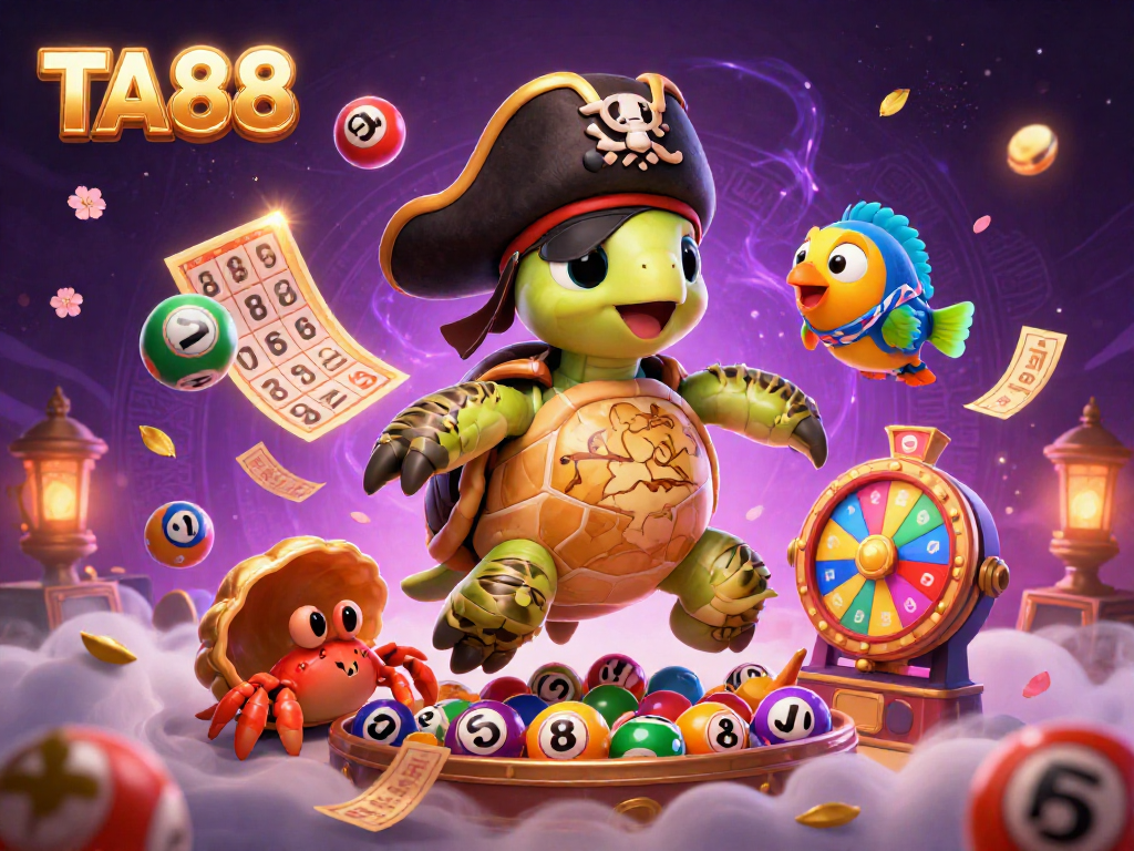Engage with TA88 in this vibrant lottery-themed illustration featuring colorful lottery balls and fun casino elements.