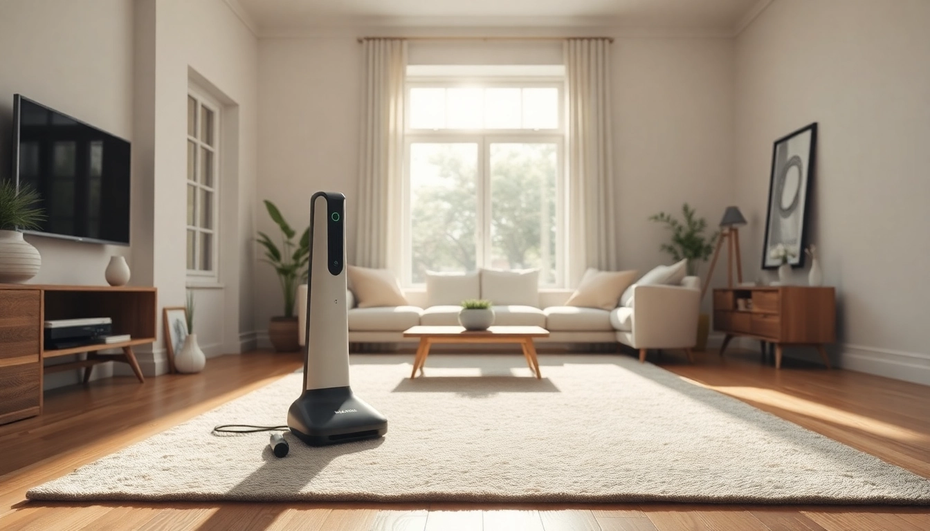 Akku Staubsauger reinigt effizient einen Teppich im Wohnzimmer mit modernem Design.