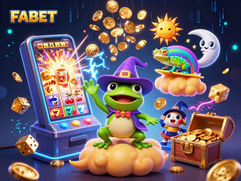FABET showcases an exciting casino scene with a wizard frog and chameleon in a whirlwind of golden coins.