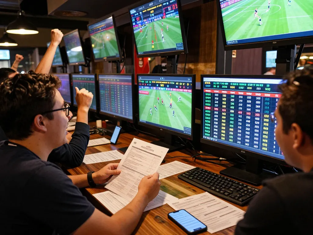 Betting enthusiast analyzing kèo nhà cái at a lively sports bar, screens showing live matches and odds