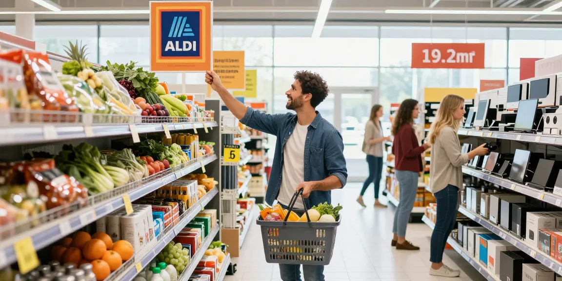 A shopper exploring Aldi Angebote diese Woche in a lively retail setting filled with groceries.