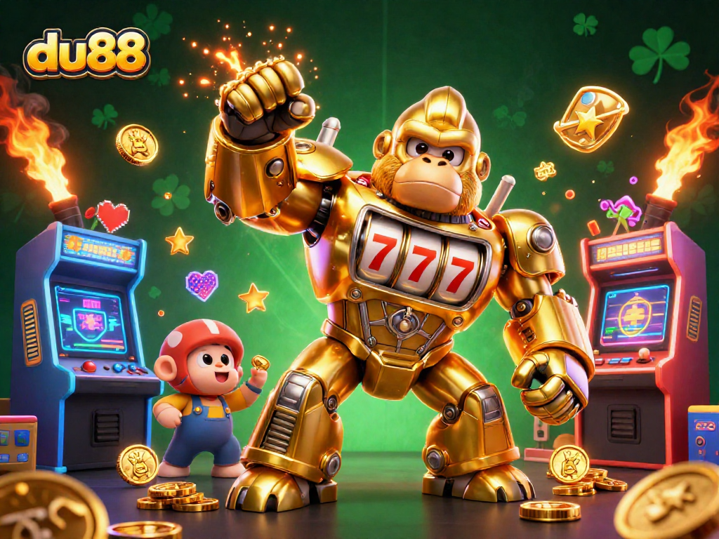 Experience the excitement of du88 with a powerful golden gorilla mech and vibrant gaming elements.