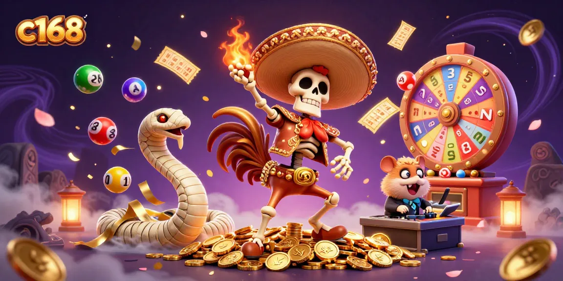 Win big with c168: Dynamic lottery scene featuring animated characters and exciting game elements.