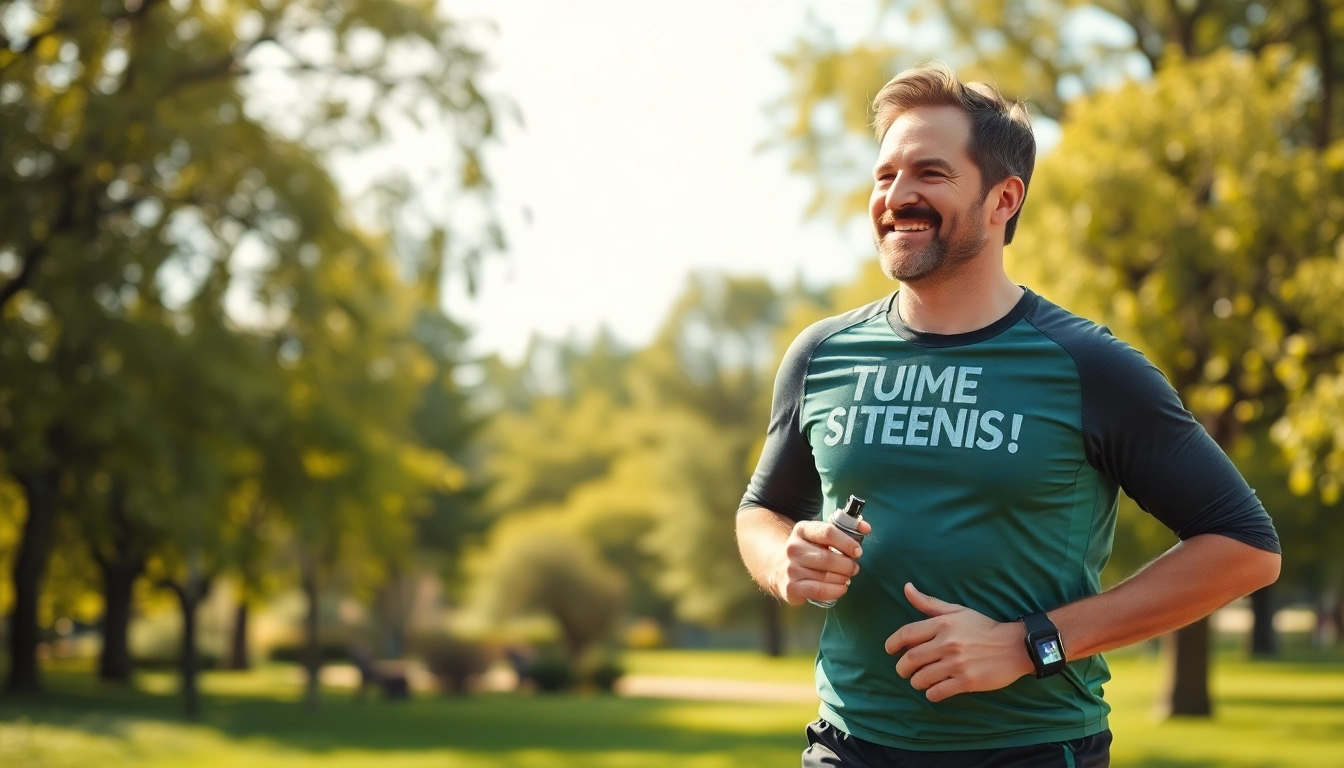 Glücklicher Mensch, der nach Gewichtsverlust aktiv im Park joggt, symbolisiert gesunde Lebensweise.