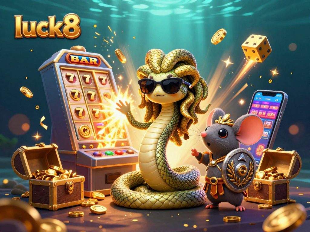Experience the luck8 thrill with Medusa and a warrior mouse in a vibrant casino jackpot scene.