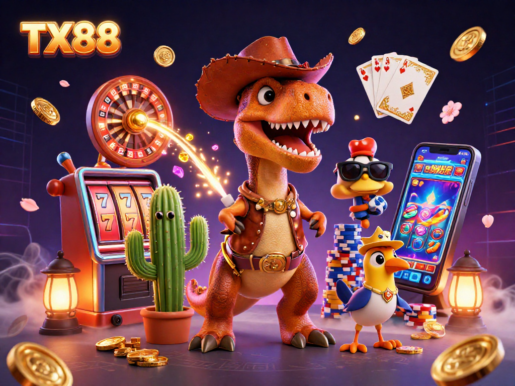 Experience TX88 with a dynamic 3D casino scene featuring a cowboy dinosaur and vibrant slot game elements.