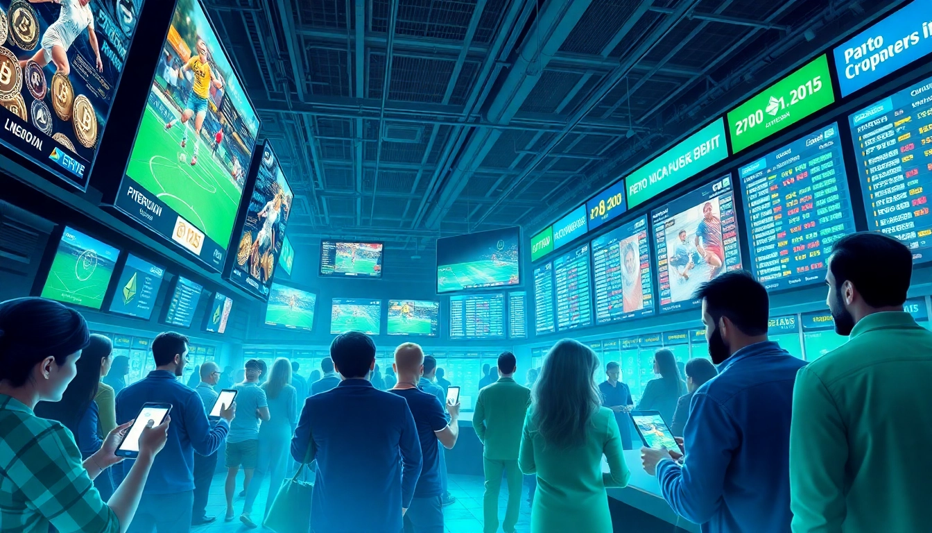 Experience the excitement of crypto sports betting with digital screens showcasing live events and diverse bettors using cryptocurrency.