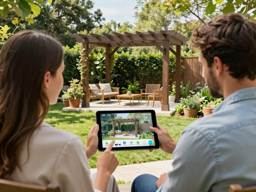 Paar, das den Pergola-Konfigurator verwendet, um eine maßgeschneiderte Pergola in ihrem Garten zu visualisieren, mit AR-Funktionen.