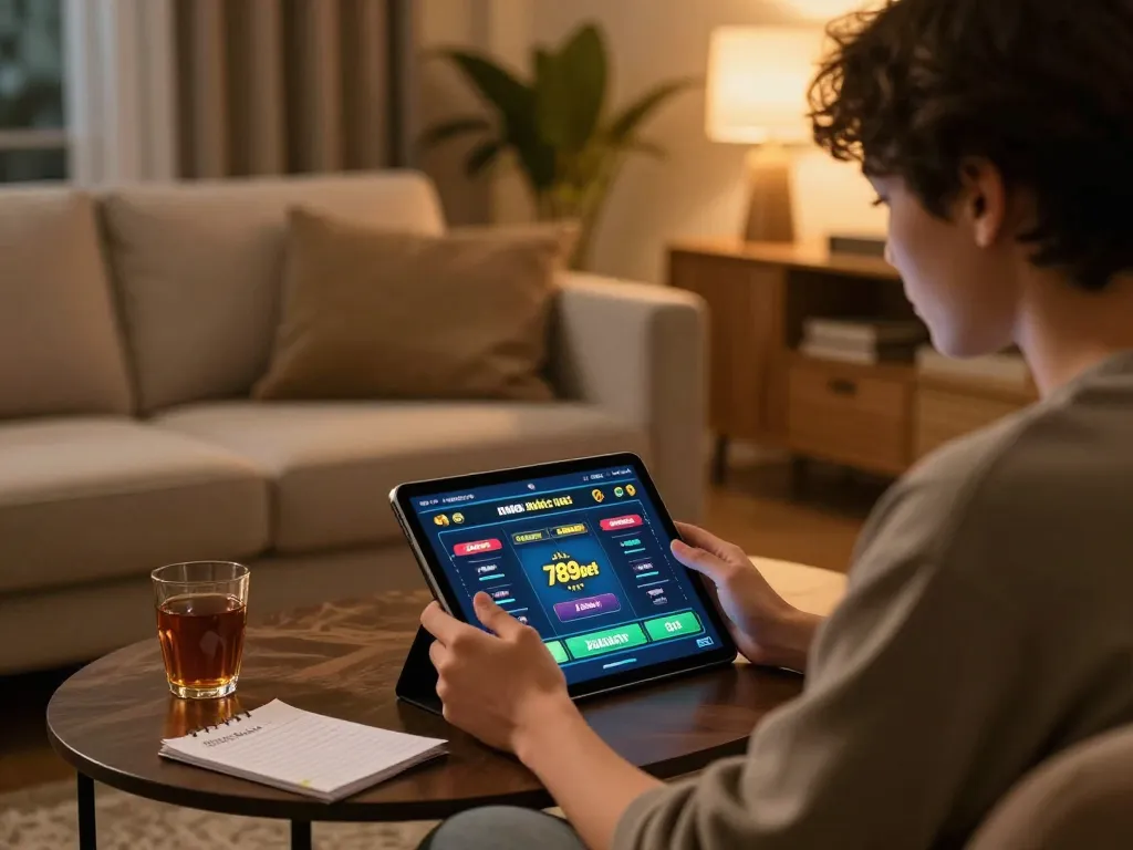 Engaging gameplay on nhà cái 789bet with tablet at cozy home setting, promoting responsible gambling.