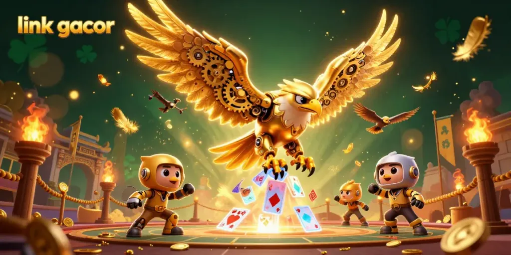 Experience the exhilarating world of 'link gacor' with this vibrant 3D casino scene featuring golden eagles and playing cards.