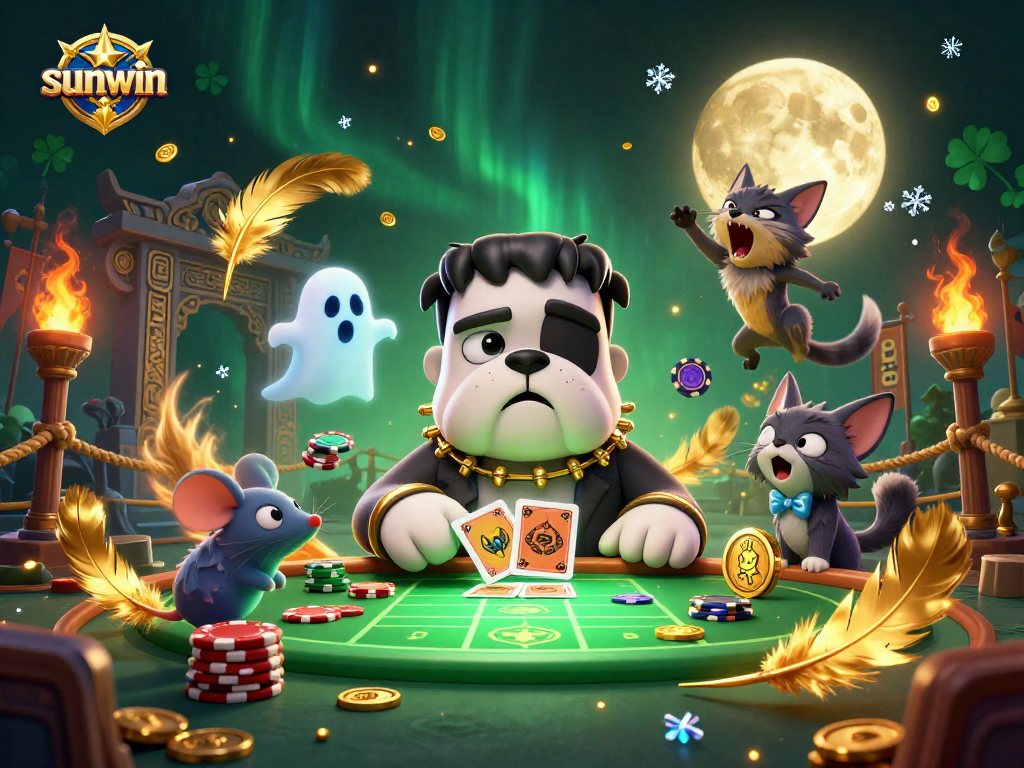Experience thrilling gaming at sunwin with a lively scene of characters in a vibrant casino atmosphere.