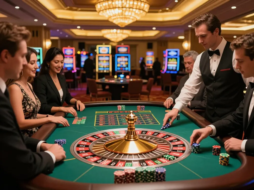 Experience the excitement of a Plagiat Scan at a vibrant roulette table in a luxurious casino.
