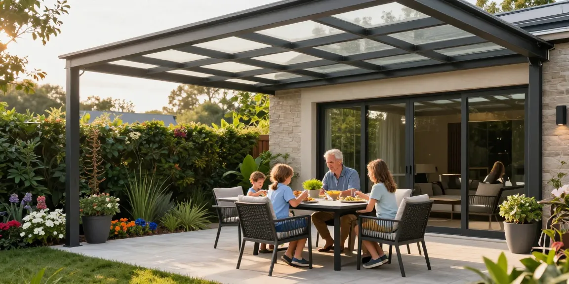 Familie genießt eine Mahlzeit unter einer modernen Terrassenüberdachung, umgeben von Pflanzen.