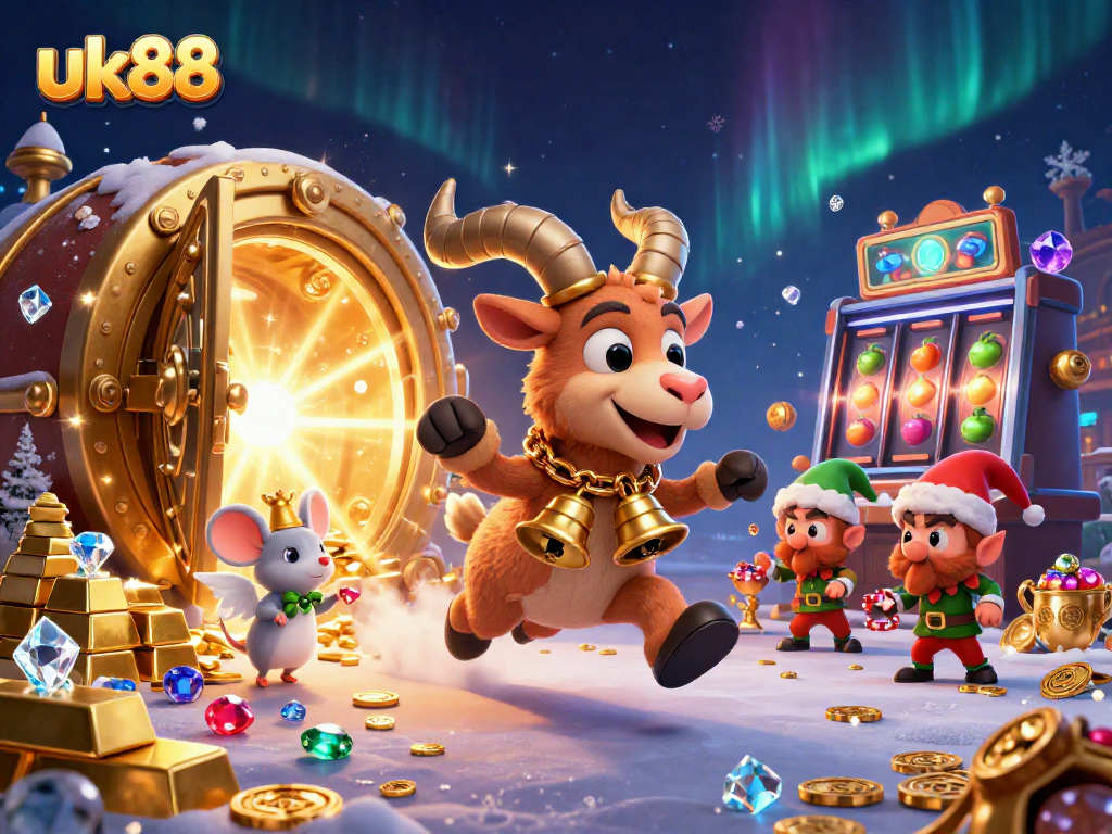 Engage in a thrilling uk88 casino scene, featuring Krampus and playful elves amidst festive chaos.