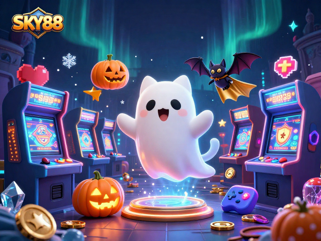 Engage with SKY88's haunted casino adventure featuring a ghost cat, vampire bat, and glowing jack-o-lanterns.