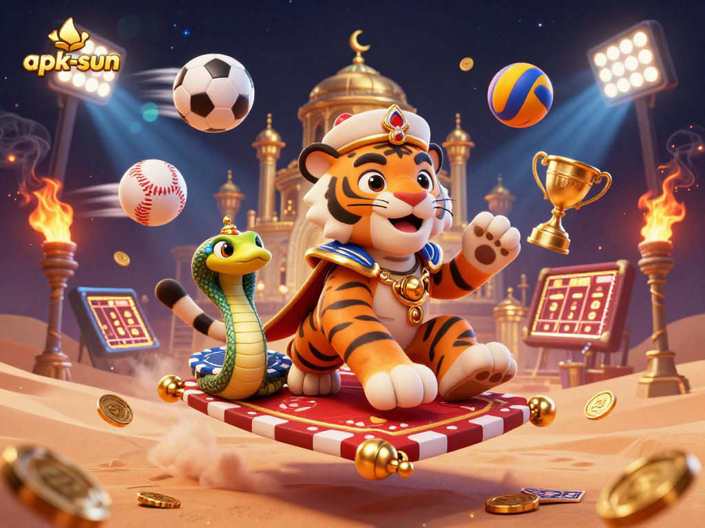 Experience the thrill with apk-sun, featuring an Arabian Nights-themed sultan engaging in vibrant casino activities.